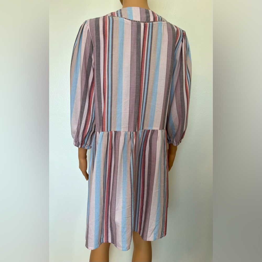 Knox Rose-Striped, Crochet Trim, Linen, Boho, Western, Baby Doll, Dress. Size-M - Picture 6 of 8